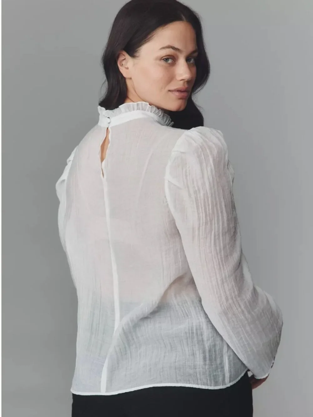 Maeve Anthropologie Sheer Mock Neck Long Sleeve Gauze Blouse Large Puff Romantic
